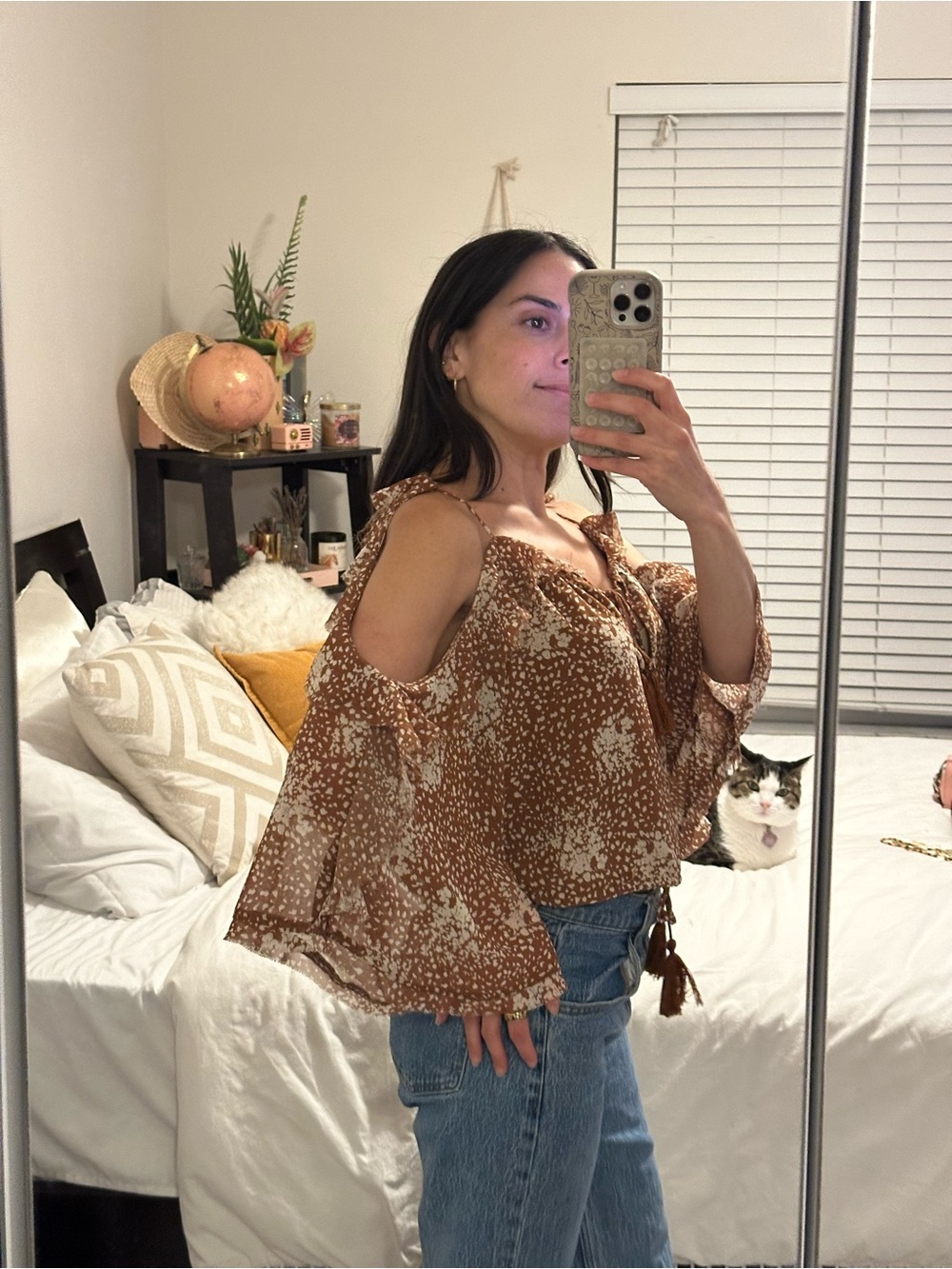 Brown & White Open Shoulder Top